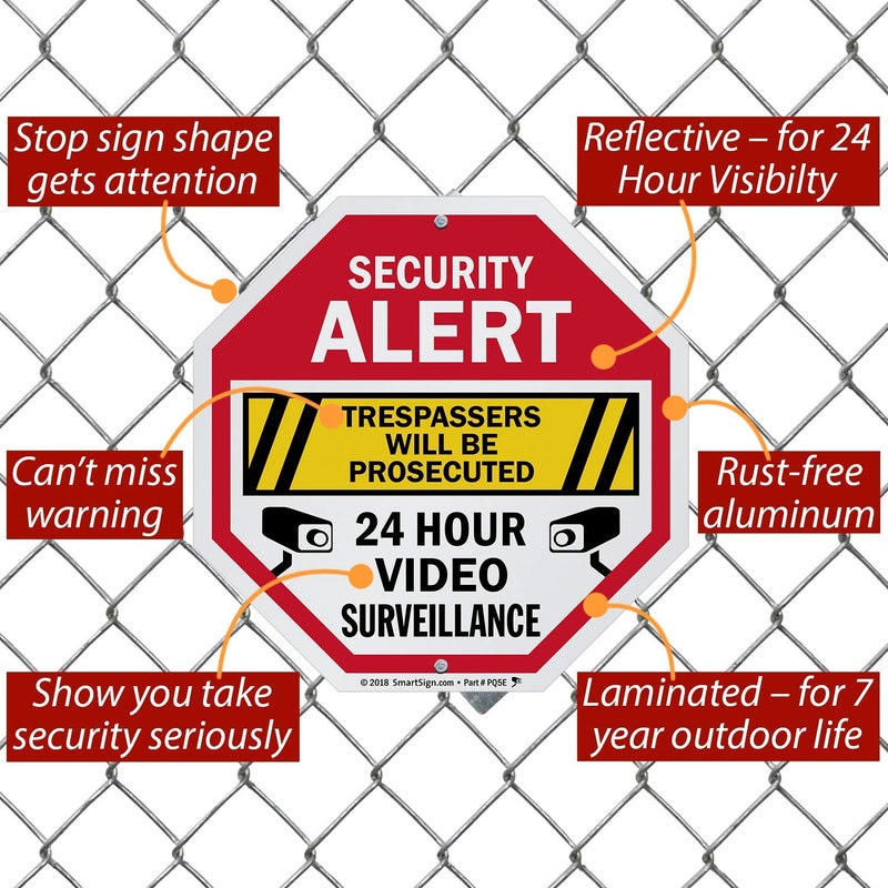 SmartSign Security Alert Sign - Trespassers Will Be Prosecuted, Video Surveillance 24 Hour Sign | 10x10 Octagon Metal, Reflective Aluminum, Outdoor/Wall/Fence, Made in USA - Image 3